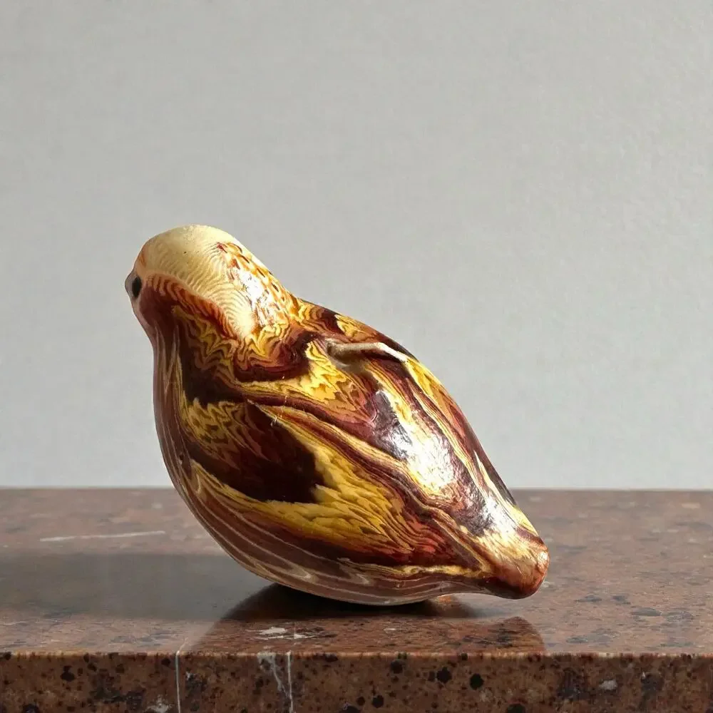 Vintage Sculpted Bird Wax Candle Sparrow Wren Marbled Brown Cream Realistic